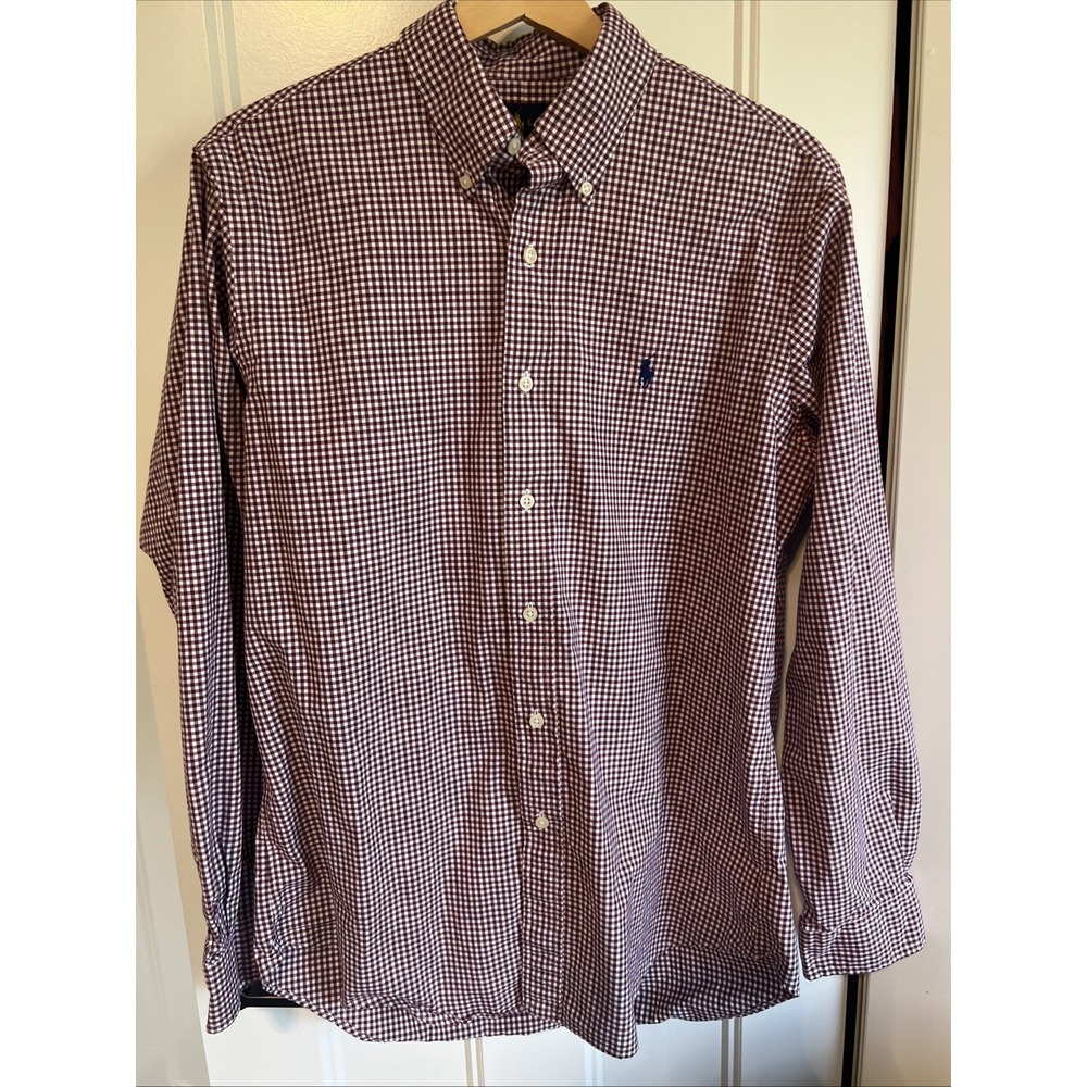 Polo Ralph Lauren Shirt Mens Classic Fit Medium Gingham Maroon White Long Sleeve